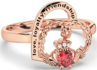 Diamond Ruby Rose Gold Silver Irish Claddagh "Love, Loyalty, & Friendship" Heart Ring