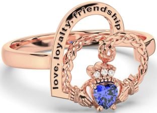 Diamond Sapphire Rose Gold Silver Irish Claddagh "Love, Loyalty, & Friendship" Heart Ring