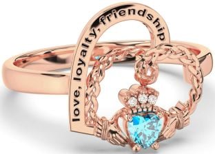 Diamond Topaz Rose Gold Silver Irish Claddagh "Love, Loyalty, & Friendship" Heart Ring