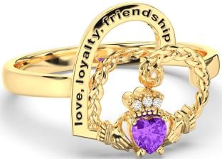 Diamond Amethyst Gold Silver Irish Claddagh "Love, Loyalty, & Friendship" Heart Ring