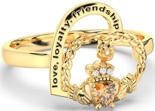 Diamond Citrine Gold Silver Irish Claddagh "Love, Loyalty, & Friendship" Heart Ring