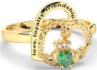 Diamond Emerald Gold Silver Irish Claddagh "Love, Loyalty, & Friendship" Heart Ring