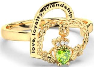 Diamond Peridot Gold Silver Irish Claddagh "Love, Loyalty, & Friendship" Heart Ring