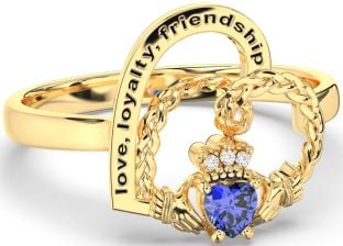 Diamond Sapphire Gold Silver Irish Claddagh "Love, Loyalty, & Friendship" Heart Ring