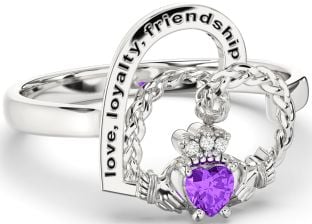 Diamond Amethyst Silver Irish Claddagh "Love, Loyalty, & Friendship" Heart Ring