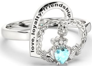 Diamond Aquamarine Silver Irish Claddagh "Love, Loyalty, & Friendship" Heart Ring