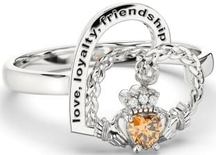 Diamond Citrine Silver Irish Claddagh "Love, Loyalty, & Friendship" Heart Ring