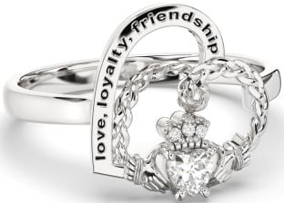 Diamond Silver Irish Claddagh "Love, Loyalty, & Friendship" Heart Ring