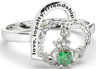 Diamond Emerald Silver Irish Claddagh "Love, Loyalty, & Friendship" Heart Ring