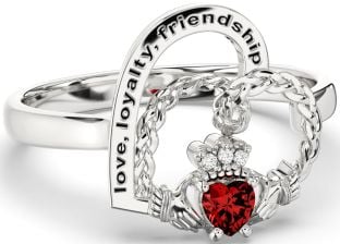 Diamond Garnet Silver Irish Claddagh "Love, Loyalty, & Friendship" Heart Ring