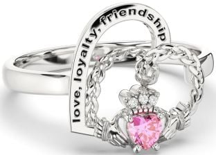 Diamond Pink Tourmaline Silver Irish Claddagh "Love, Loyalty, & Friendship" Heart Ring