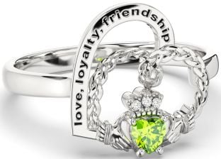 Diamond Peridot Silver Irish Claddagh "Love, Loyalty, & Friendship" Heart Ring