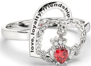 Diamond Ruby Silver Irish Claddagh "Love, Loyalty, & Friendship" Heart Ring