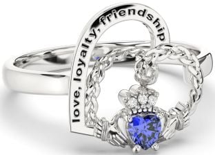 Diamond Sapphire Silver Irish Claddagh "Love, Loyalty, & Friendship" Heart Ring