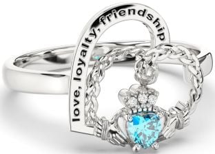 Diamond Topaz Silver Irish Claddagh "Love, Loyalty, & Friendship" Heart Ring