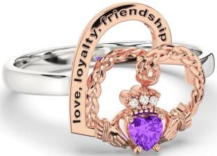 Diamond Amethyst Rose Gold Silver Irish Claddagh "Love, Loyalty, & Friendship" Heart Ring