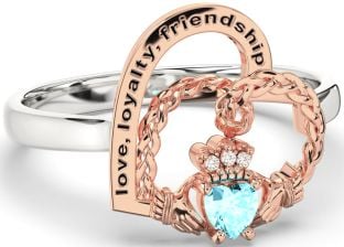 Diamond Aquamarine Rose Gold Silver Irish Claddagh "Love, Loyalty, & Friendship" Heart Ring