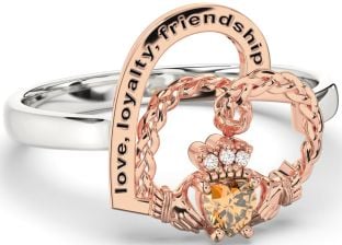 Diamond Citrine Rose Gold Silver Irish Claddagh "Love, Loyalty, & Friendship" Heart Ring