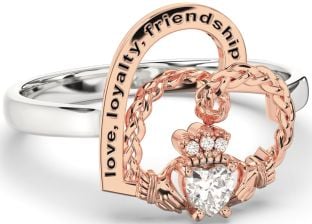 Diamond Rose Gold Silver Irish Claddagh "Love, Loyalty, & Friendship" Heart Ring