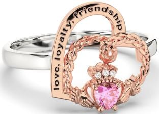 Diamond Pink Tourmaline Rose Gold Silver Irish Claddagh "Love, Loyalty, & Friendship" Heart Ring