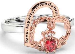 Diamond Ruby Rose Gold Silver Irish Claddagh "Love, Loyalty, & Friendship" Heart Ring