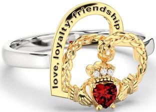 Diamond Garnet Gold Silver Irish Claddagh "Love, Loyalty, & Friendship" Heart Ring