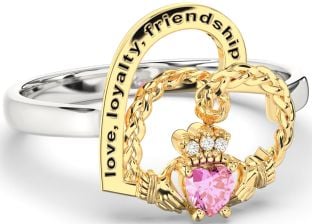 Diamond Pink Tourmaline Gold Silver Irish Claddagh "Love, Loyalty, & Friendship" Heart Ring