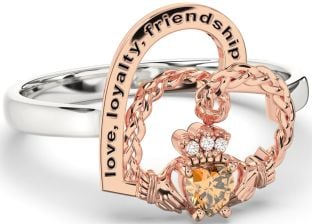 Diamond Citrine White Rose Gold Irish Claddagh "Love, Loyalty, & Friendship" Heart Ring