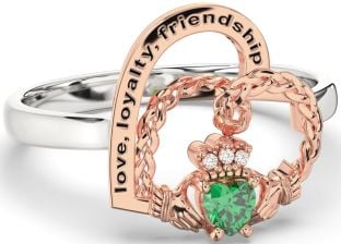 Diamond Emerald White Rose Gold Irish Claddagh "Love, Loyalty, & Friendship" Heart Ring
