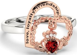 Diamond Garnet White Rose Gold Irish Claddagh "Love, Loyalty, & Friendship" Heart Ring