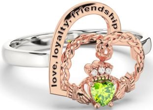 Diamond Peridot White Rose Gold Irish Claddagh "Love, Loyalty, & Friendship" Heart Ring