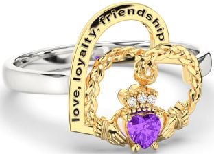 Diamond Amethyst White Yellow Gold Irish Claddagh "Love, Loyalty, & Friendship" Heart Ring