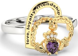 Diamond Alexandrite White Yellow Gold Irish Claddagh "Love, Loyalty, & Friendship" Heart Ring