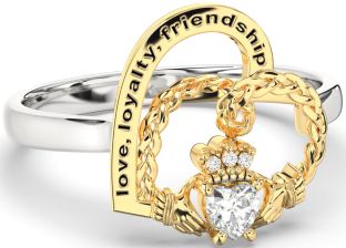 Diamond White Yellow Gold Irish Claddagh "Love, Loyalty, & Friendship" Heart Ring