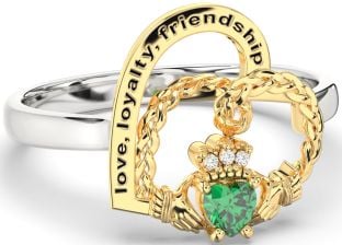 Diamond Emerald White Yellow Gold Irish Claddagh "Love, Loyalty, & Friendship" Heart Ring