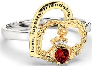 Diamond Garnet White Yellow Gold Irish Claddagh "Love, Loyalty, & Friendship" Heart Ring