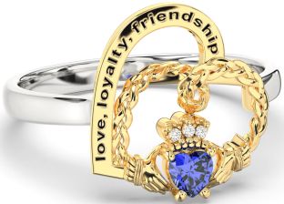 Diamond Sapphire White Yellow Gold Irish Claddagh "Love, Loyalty, & Friendship" Heart Ring