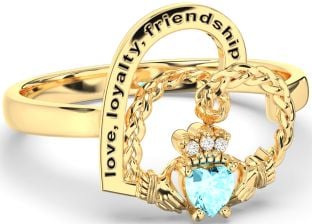 Diamond Aquamarine Gold Irish Claddagh "Love, Loyalty, & Friendship" Heart Ring