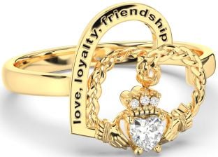 Diamond Gold Irish Claddagh "Love, Loyalty, & Friendship" Heart Ring