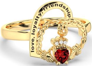 Diamond Garnet Gold Irish Claddagh "Love, Loyalty, & Friendship" Heart Ring