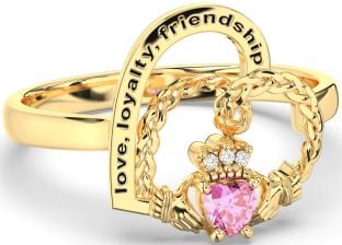 Diamond Pink Tourmaline Gold Irish Claddagh "Love, Loyalty, & Friendship" Heart Ring