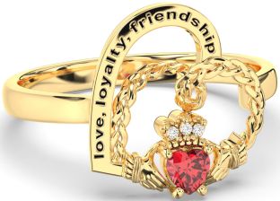 Diamond Ruby Gold Irish Claddagh "Love, Loyalty, & Friendship" Heart Ring