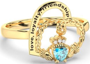 Diamond Topaz Gold Irish Claddagh "Love, Loyalty, & Friendship" Heart Ring