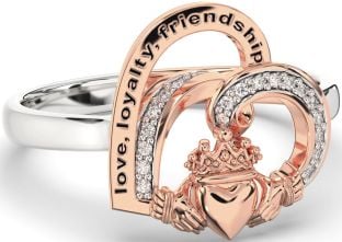 Diamond Rose Gold Silver Irish "Love, Loyalty, & Friendship" Heart Claddagh Ring