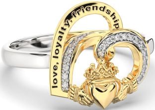 Diamond Gold Silver Irish "Love, Loyalty, & Friendship" Heart Claddagh Ring