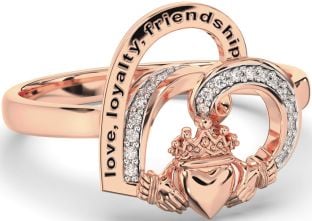 Diamond Rose Gold Silver Irish "Love, Loyalty, & Friendship" Heart Claddagh Ring