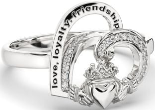 Diamond Silver Irish "Love, Loyalty, & Friendship" Heart Claddagh Ring