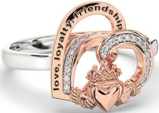 Diamond White Rose Gold Irish "Love, Loyalty, & Friendship" Heart Claddagh Ring