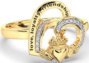 Diamond Gold Irish "Love, Loyalty, & Friendship" Heart Claddagh Ring