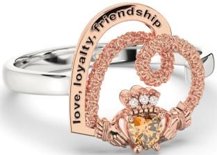 Diamond Citrine Rose Gold Silver Irish "Love, Loyalty, & Friendship" Heart Claddagh Ring